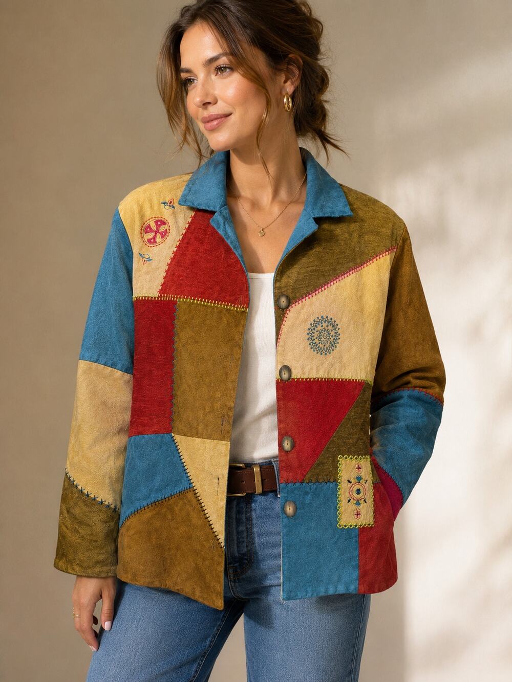 Koret Patchwork Jacket Women L Embroidered Boho Colorblock Artsy Vintage